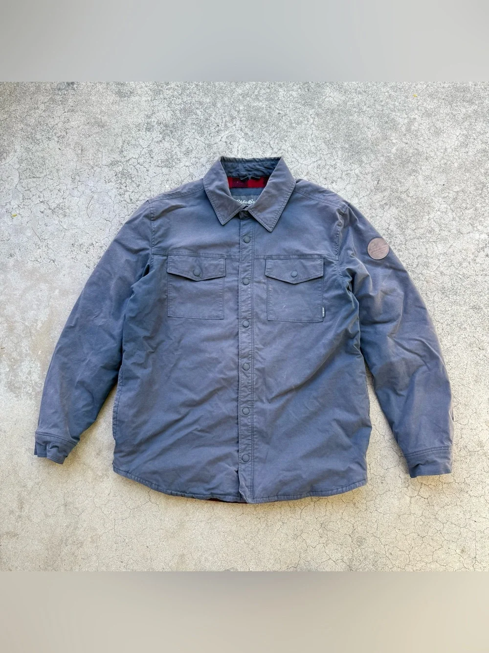 Distressed Eddie Bauer Outdoor Flannel Lined Blue Grey Shirt Jacket Shaket Sz L